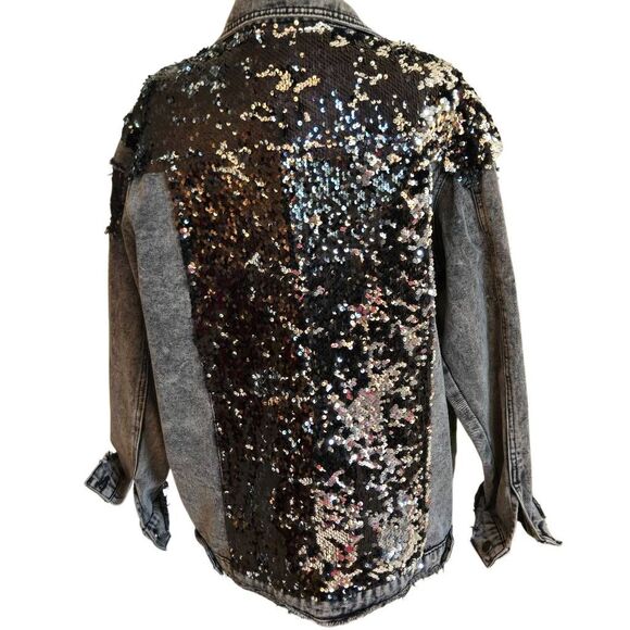 L&B Lucky and Blessed Womens Black Sequined Distressed Denim Jacket Large - Picture 4 of 13